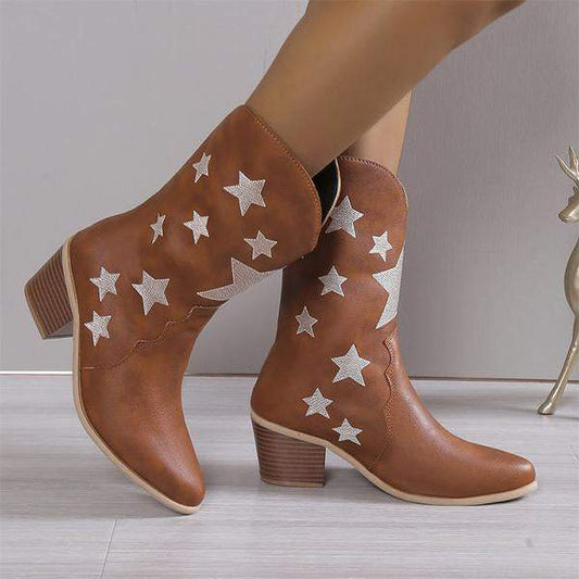 Women's Fashion Casual Star Chunky Heel Mid-calf Boots