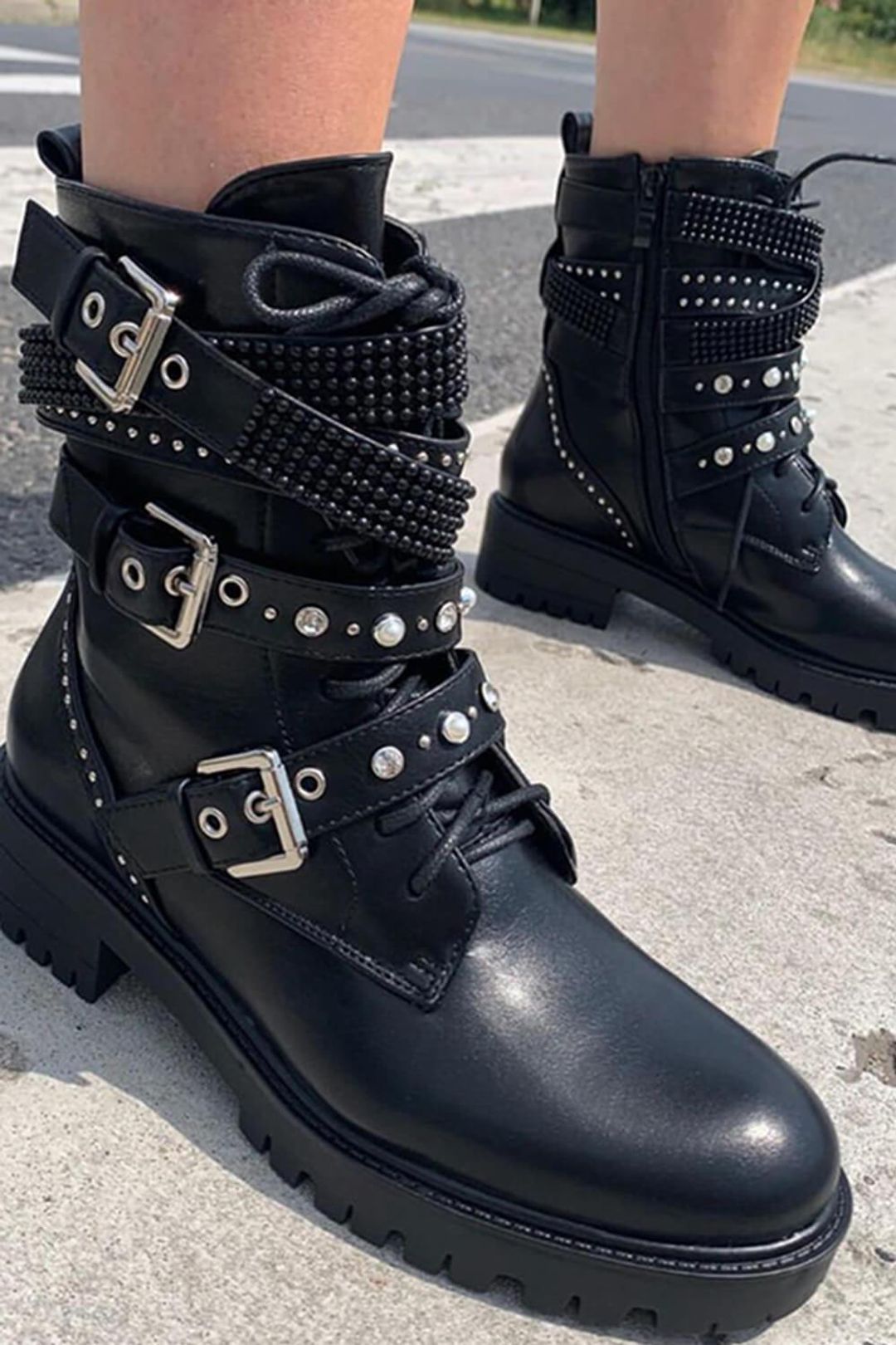Black Studded Buckle Strap Lace Up Combat Boots