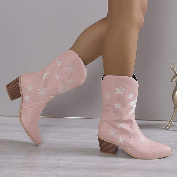 Women's Fashion Casual Star Chunky Heel Mid-calf Boots