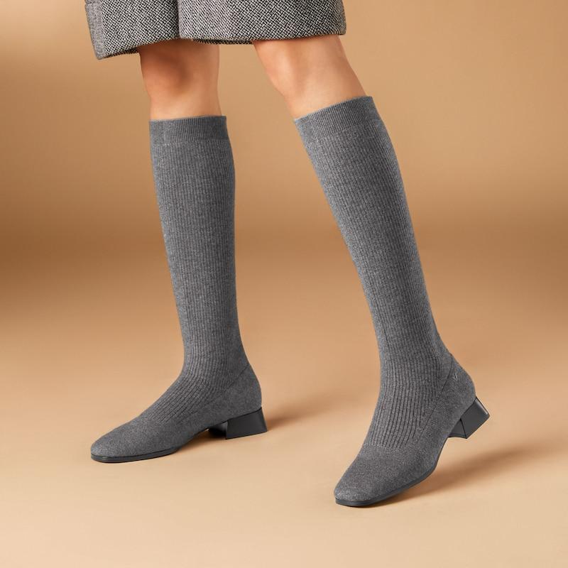 Square-Toe Water Repellent Wool Knee-High Boots