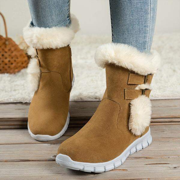 Women's Casual Belt Buckle Plush Thick Sole Snow Boots