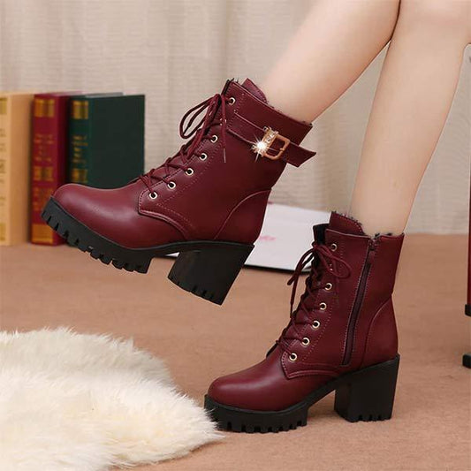 Women's High Heel Platform Martin Boots With Thick Sole And Lace-Up Detail