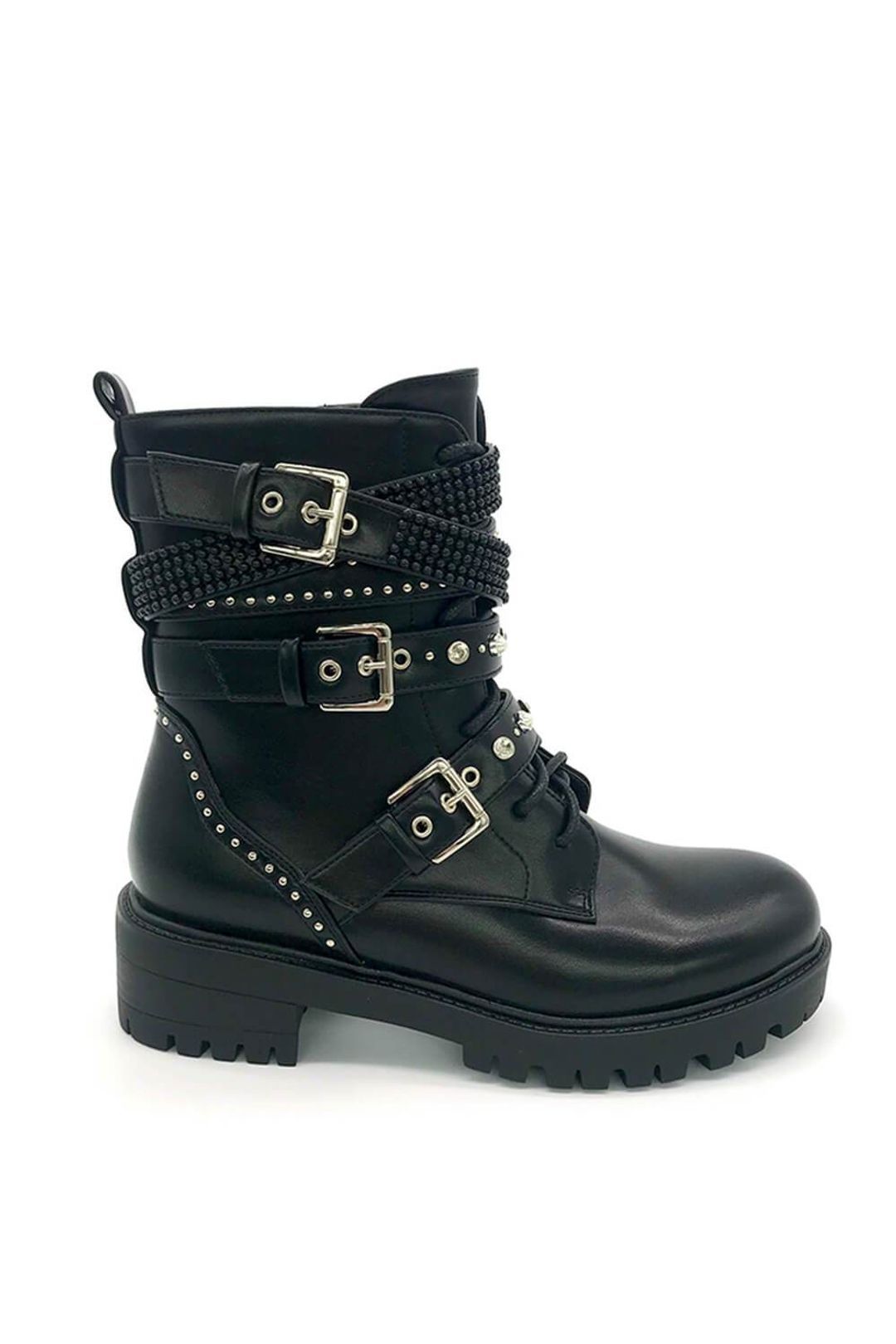 Black Studded Buckle Strap Lace Up Combat Boots