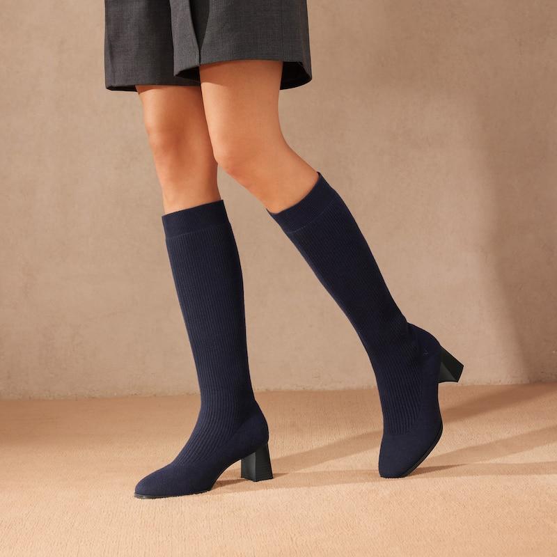 Square-Toe Water Repellent Wool Knee-High Boots