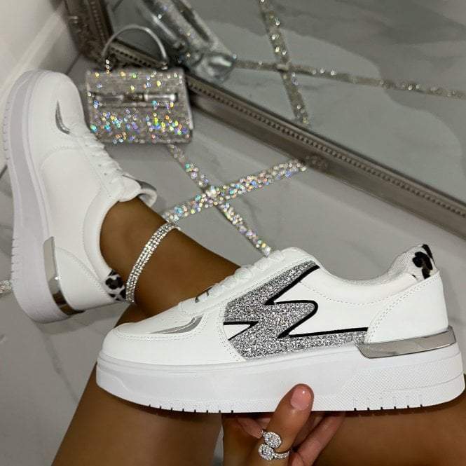 White Glitter Lightening Wedge Trainers