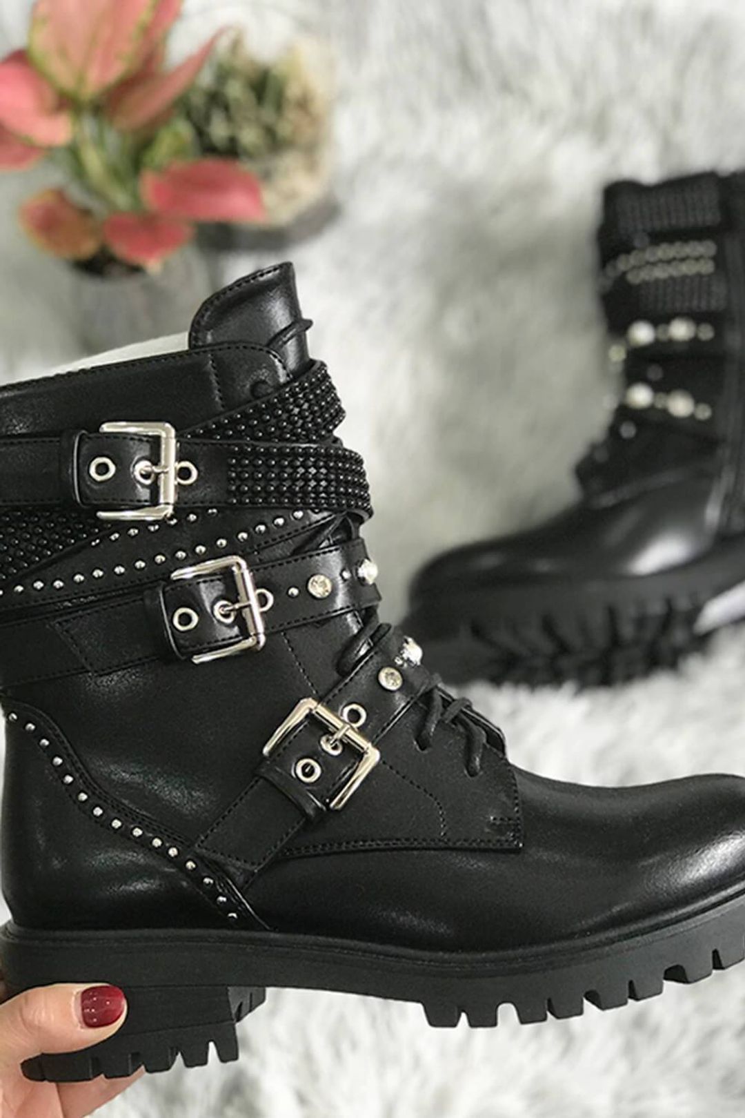 Black Studded Buckle Strap Lace Up Combat Boots