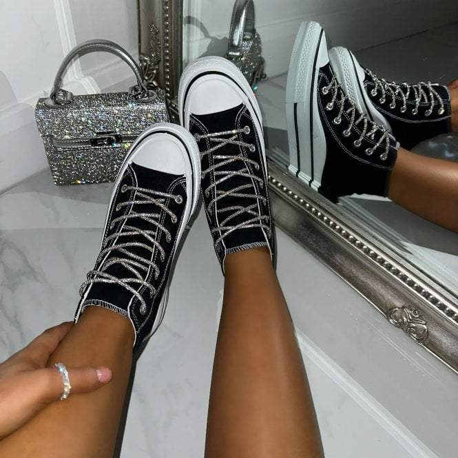 Black Sparkly Lace Canvas High Top Trainers