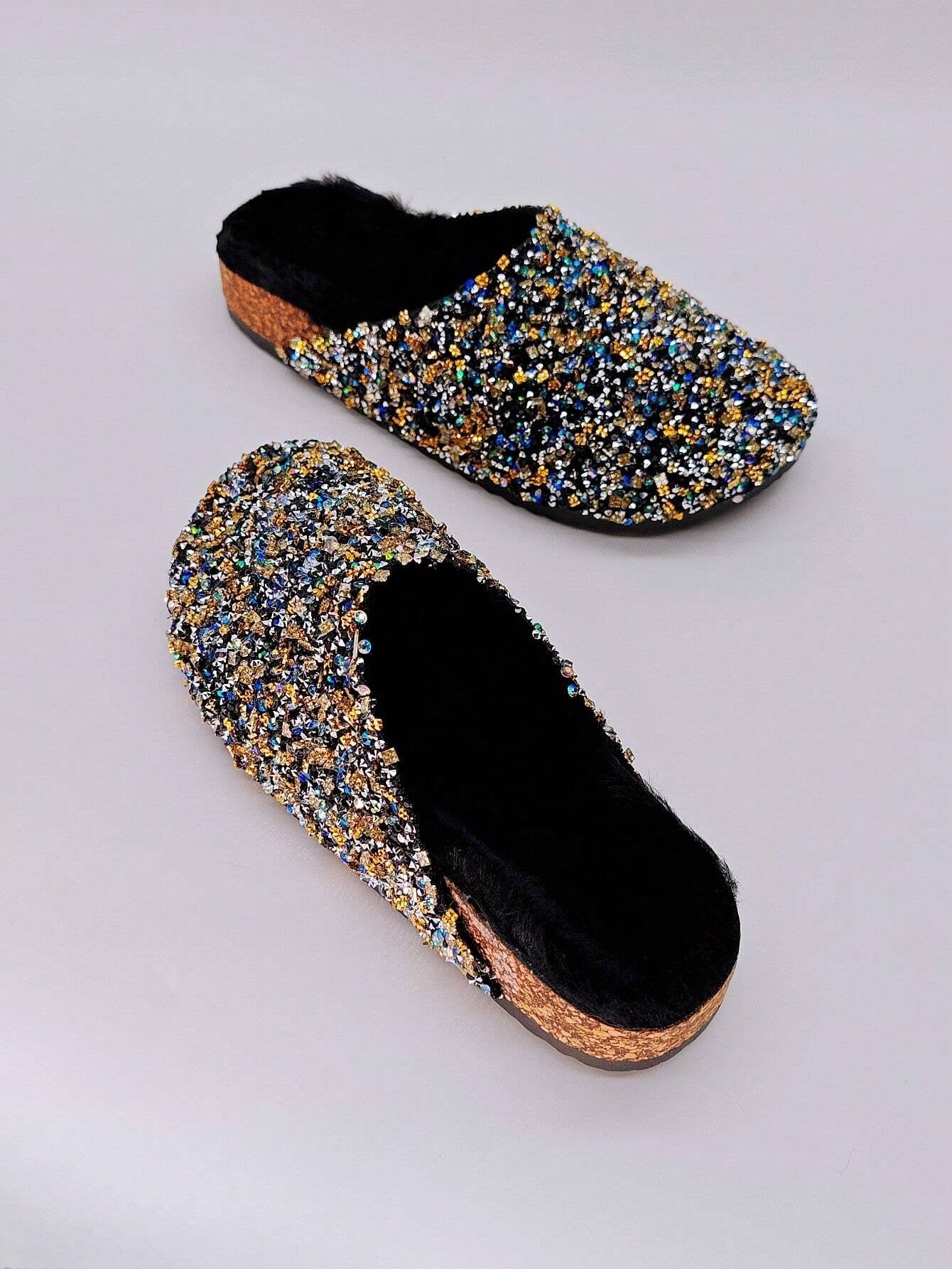 Women's Buckle Mules Slides With Rhinestone And Glitter Detailing