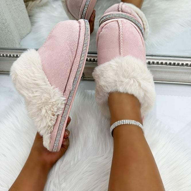 Sparkly Trim Faux Fur Slippers