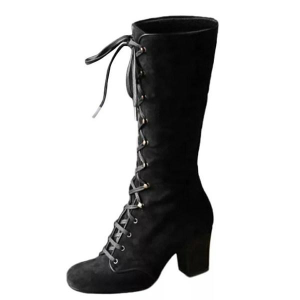 Women'S Square Toe Front Lace Up Chunky Heel Side Zip Boots