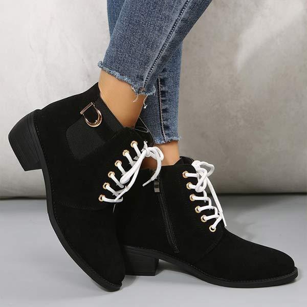 Women's Round-Toe Lace-Up Chunky Heel Short Boots