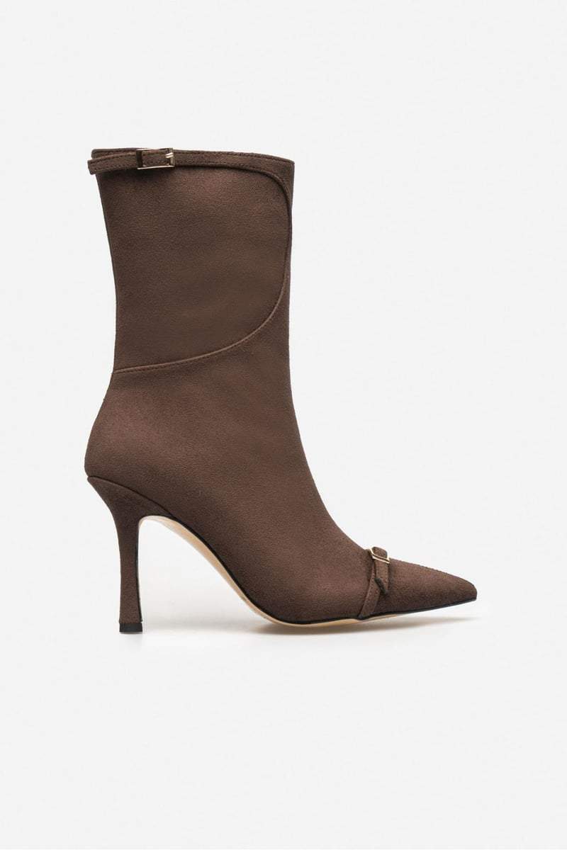 Golden Brown Suede Belt Detail Women's Heel Boots