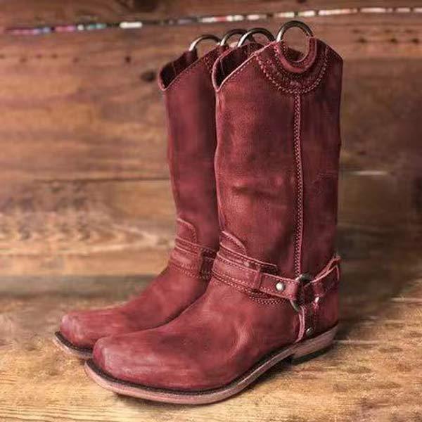 Women's Low Heel Knight Boots With Metal Buckle