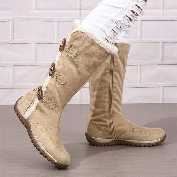 Women's Retro Button Flat Plush Snow Boots