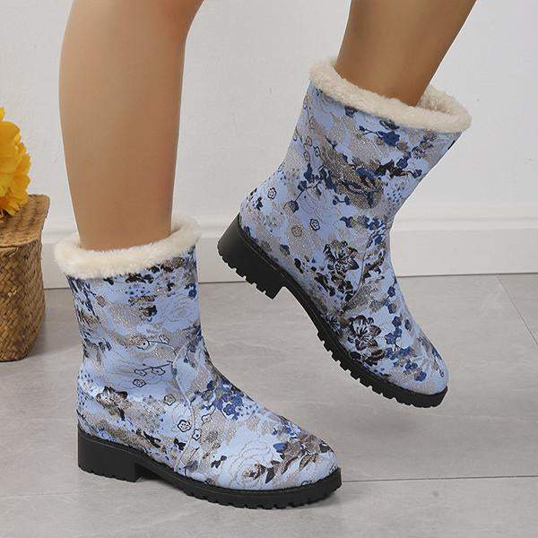 Women's Casual Printed Flat Plush Snow Boots