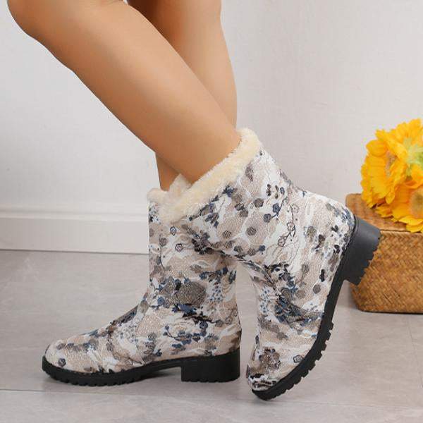 Women's Casual Printed Flat Plush Snow Boots