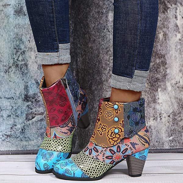 Women'S High Heel Block Heel Print Ankle Boots