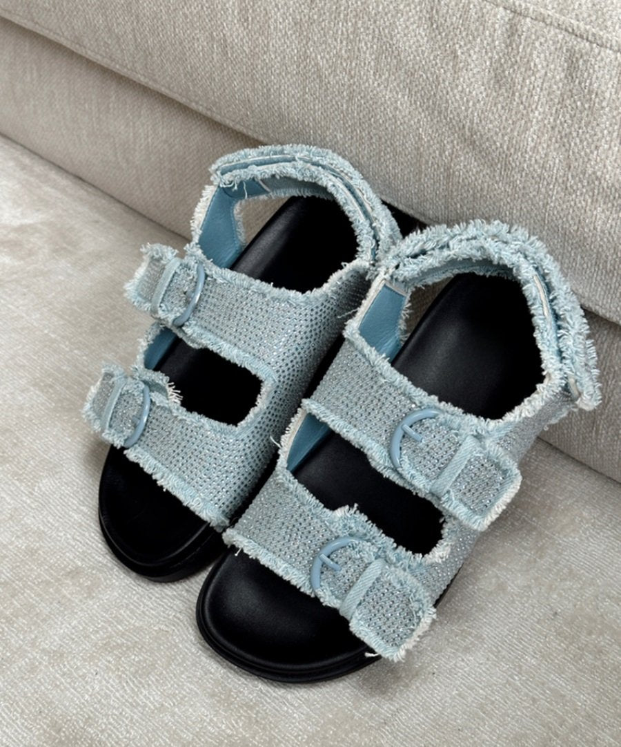 Double-Strap Velcro Rhinestone Sandals