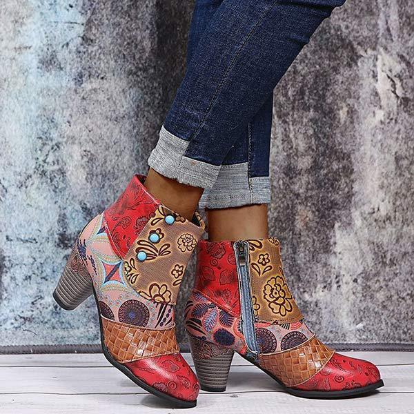 Women'S High Heel Block Heel Print Ankle Boots
