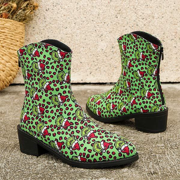 Women's Pointed-Toe Square Heel Santa Claus Print Martin Boots