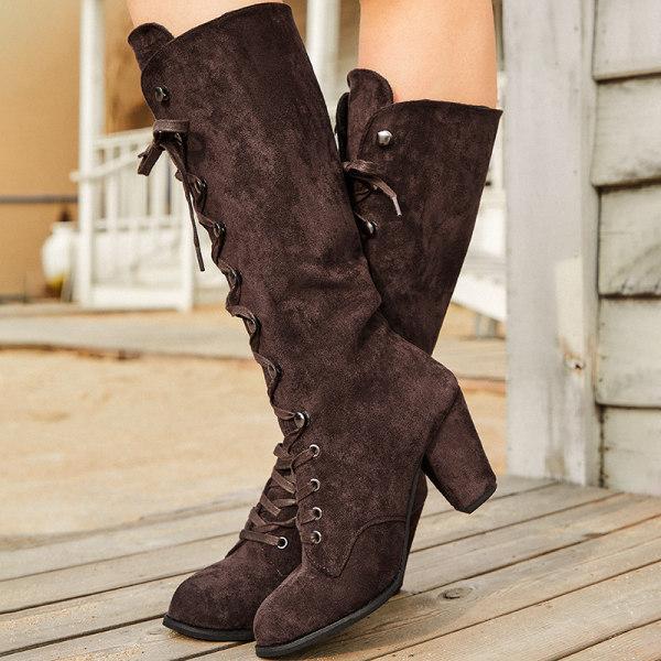 Women'S Square Toe Front Lace Up Chunky Heel Side Zip Boots