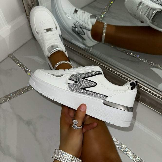 White Glitter Lightening Wedge Trainers