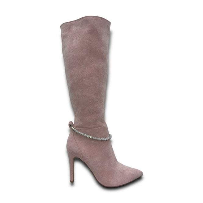 Pink Crystal Suede Knee High-Heel Boots