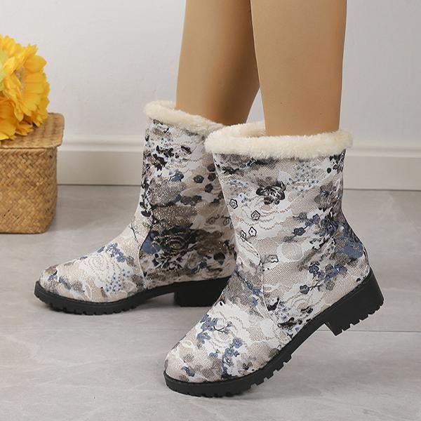 Women's Casual Printed Flat Plush Snow Boots