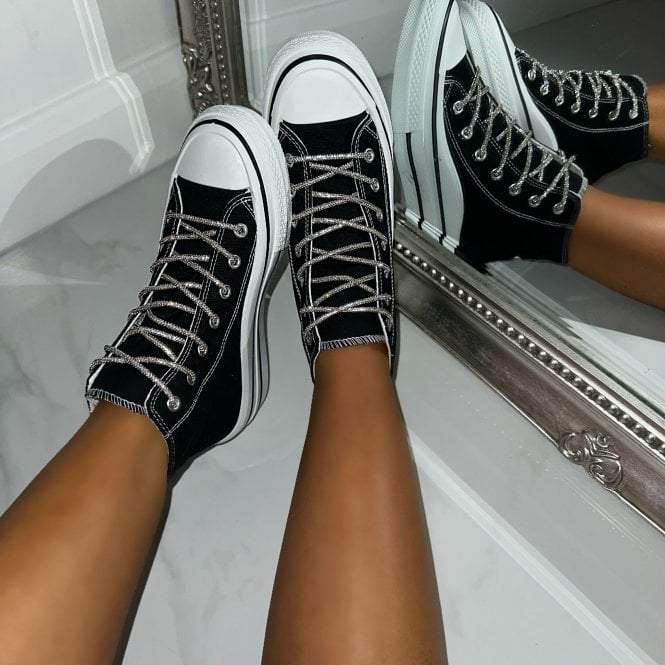 Black Sparkly Lace Canvas High Top Trainers