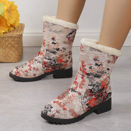 Women's Casual Printed Flat Plush Snow Boots