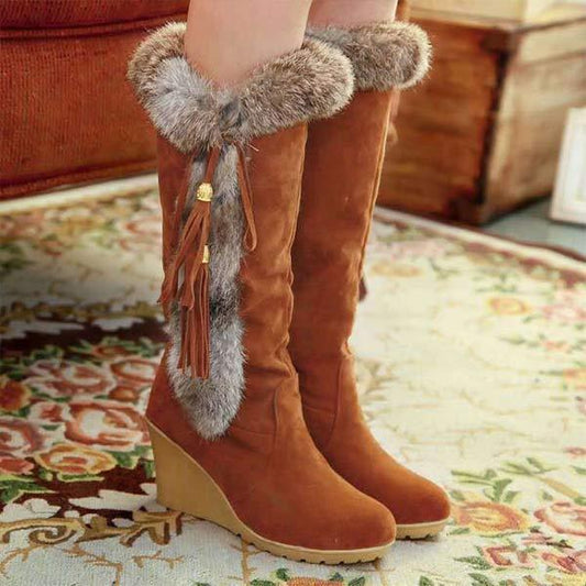 Women'S Rabbit Fur Warm Wedge Snow Boots