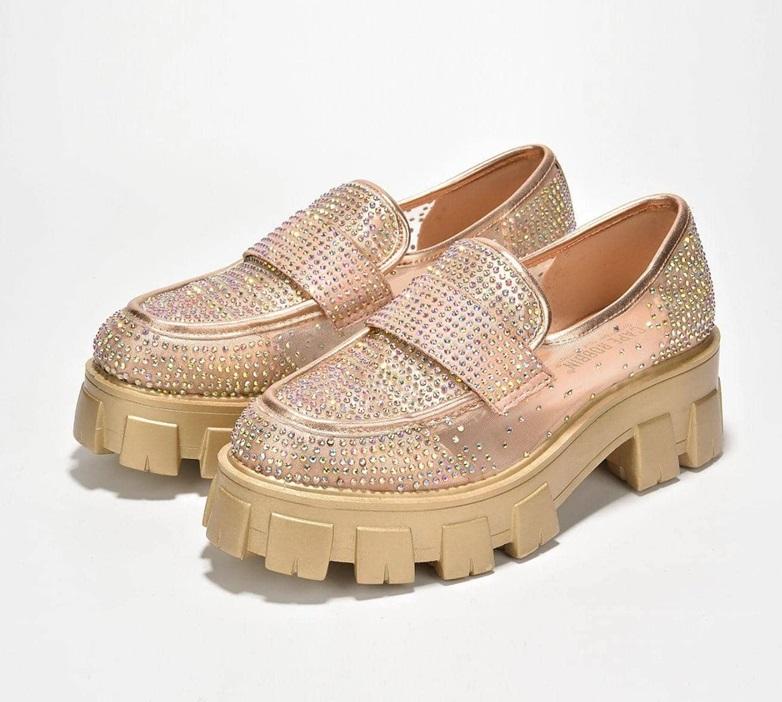 Abbe Round Toe Mesh Rhinestone Lug Flats