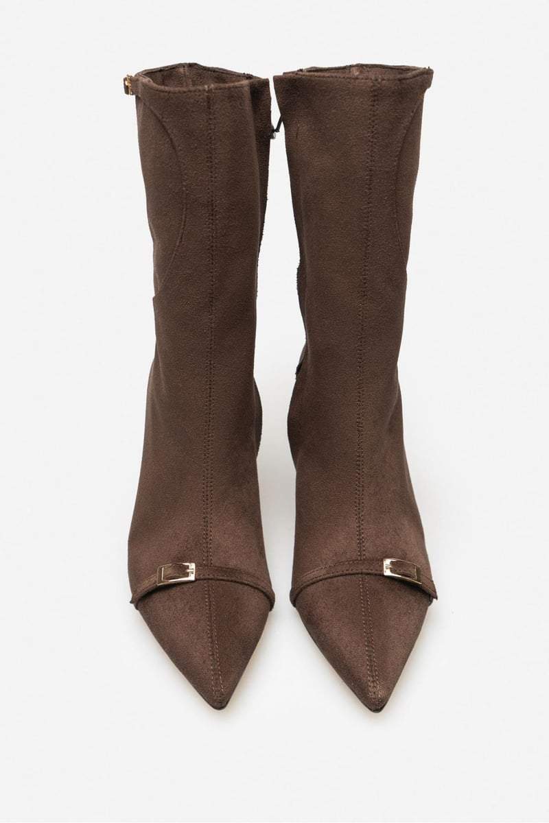 Golden Brown Suede Belt Detail Women's Heel Boots