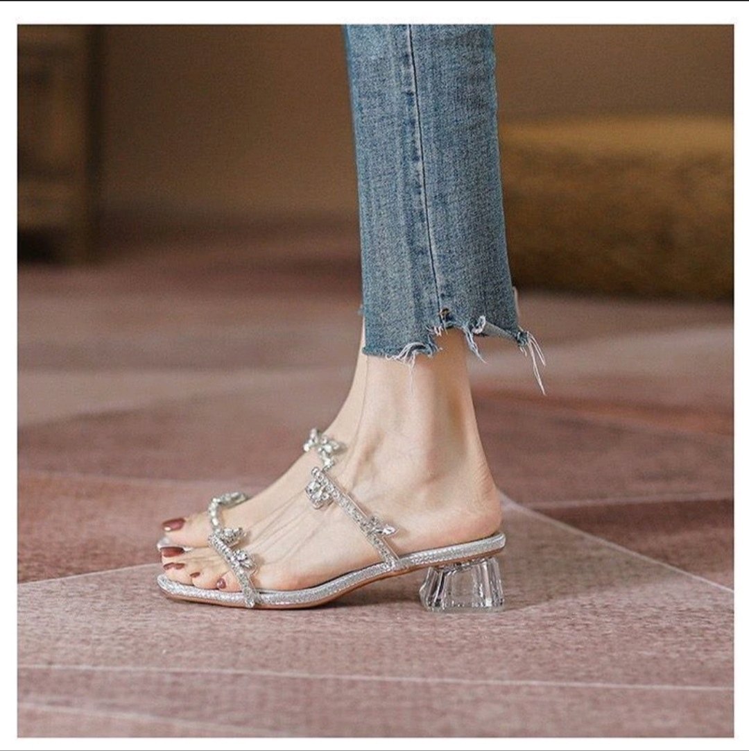 Summer Silver Rhinestone Thick Heeled Sandals