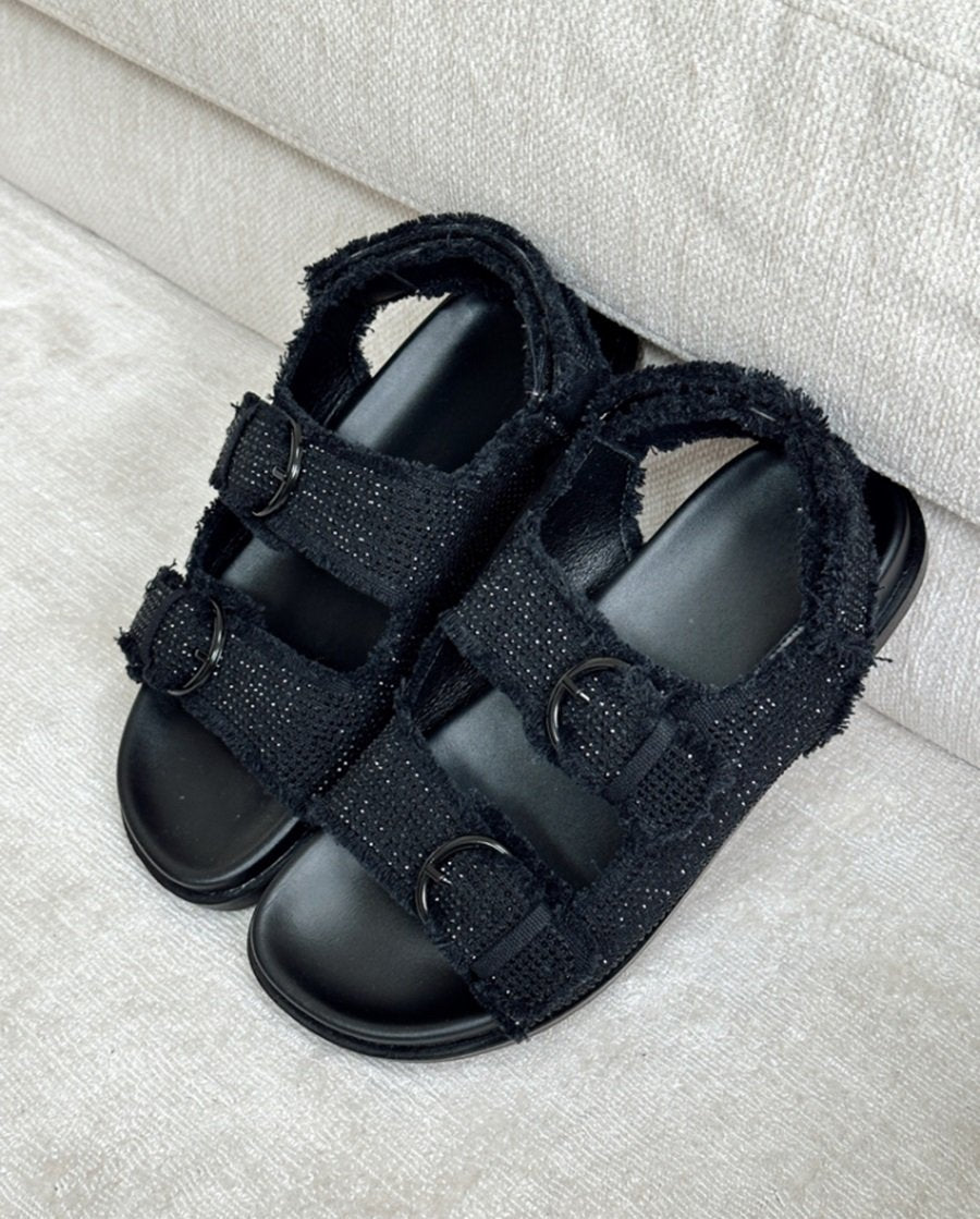 Double-Strap Velcro Rhinestone Sandals