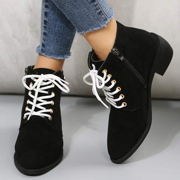 Women's Round-Toe Lace-Up Chunky Heel Short Boots