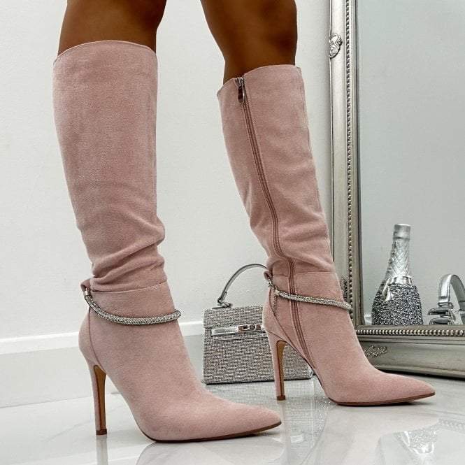Pink Crystal Suede Knee High-Heel Boots