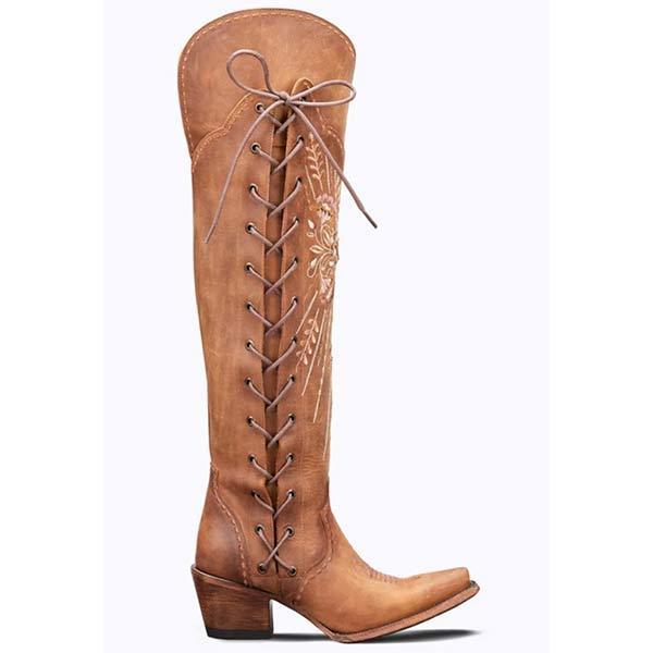 Women'S Side Zip Lace Up Tall Over Embroidery Knee Boots
