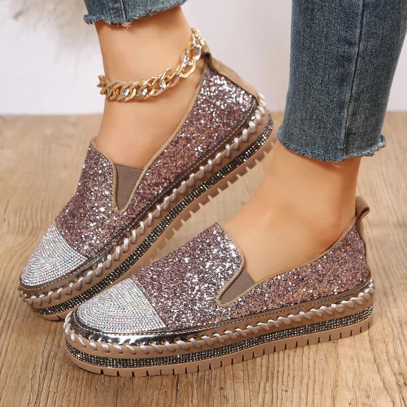 Women 2023 Spring New Loafers Thick Bottom Flat Rhinestone Fashion Women's Shoes