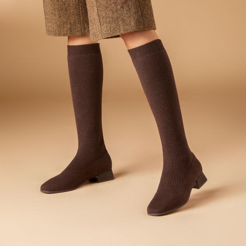 Square-Toe Water Repellent Wool Knee-High Boots