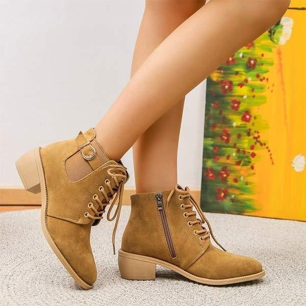 Women's Round-Toe Lace-Up Chunky Heel Short Boots