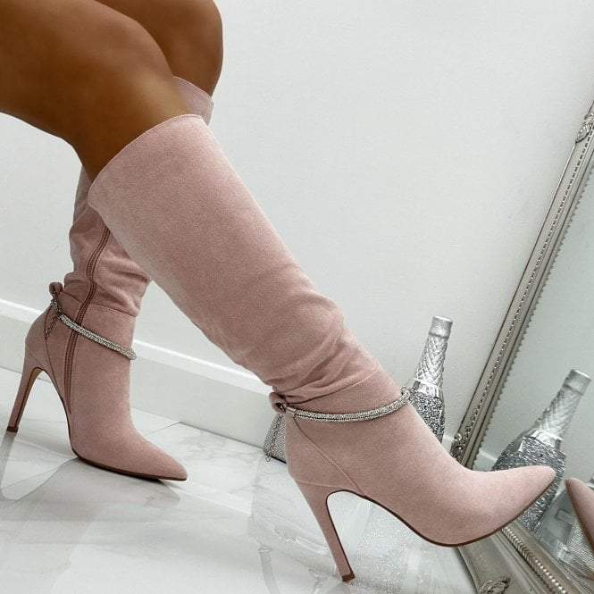 Pink Crystal Suede Knee High-Heel Boots
