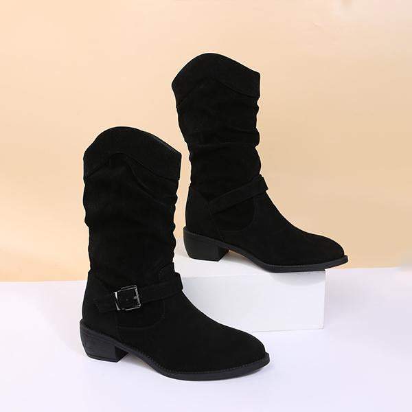 Women's Casual Belt Buckle Suede Chunky Heel Rider Boots