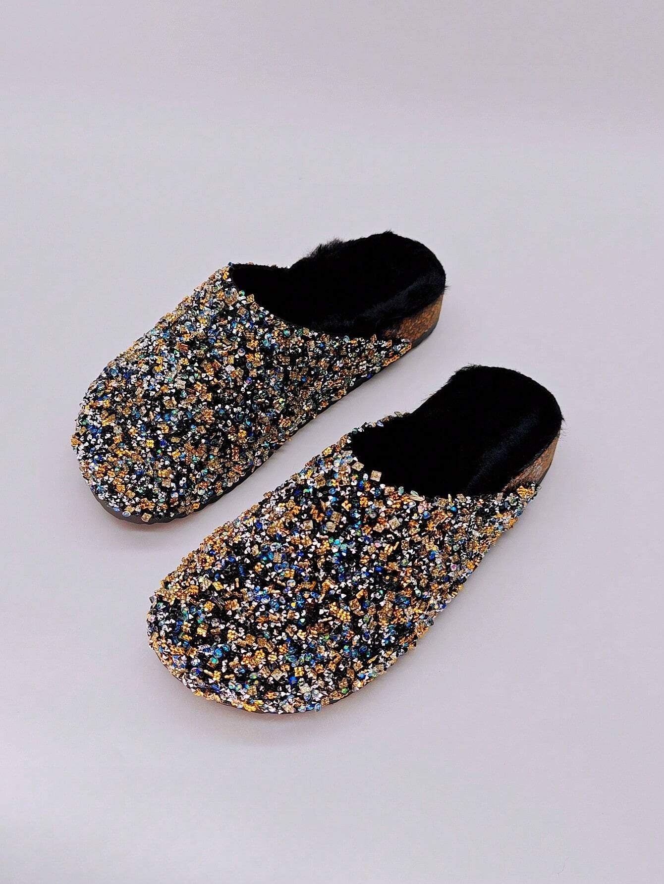 Women's Buckle Mules Slides With Rhinestone And Glitter Detailing