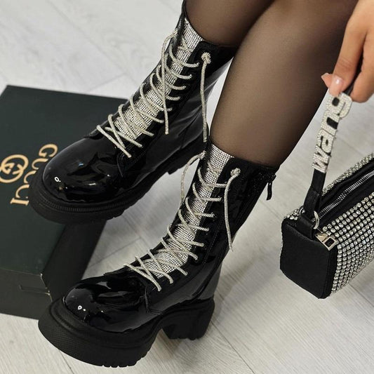 Rhinestone Patent Leather Platform Boots