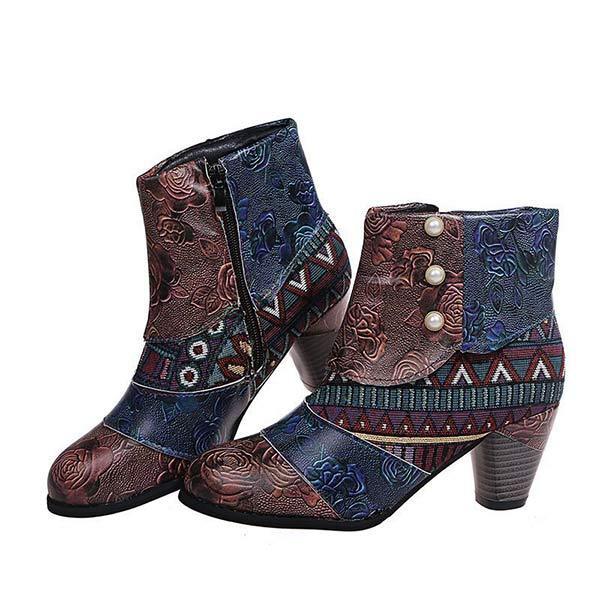 Women'S High Heel Block Heel Print Ankle Boots