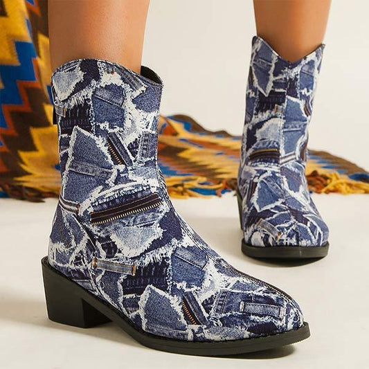 Women's Pointed-Toe Square Heel Santa Claus Print Martin Boots