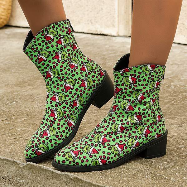 Women's Pointed-Toe Square Heel Santa Claus Print Martin Boots