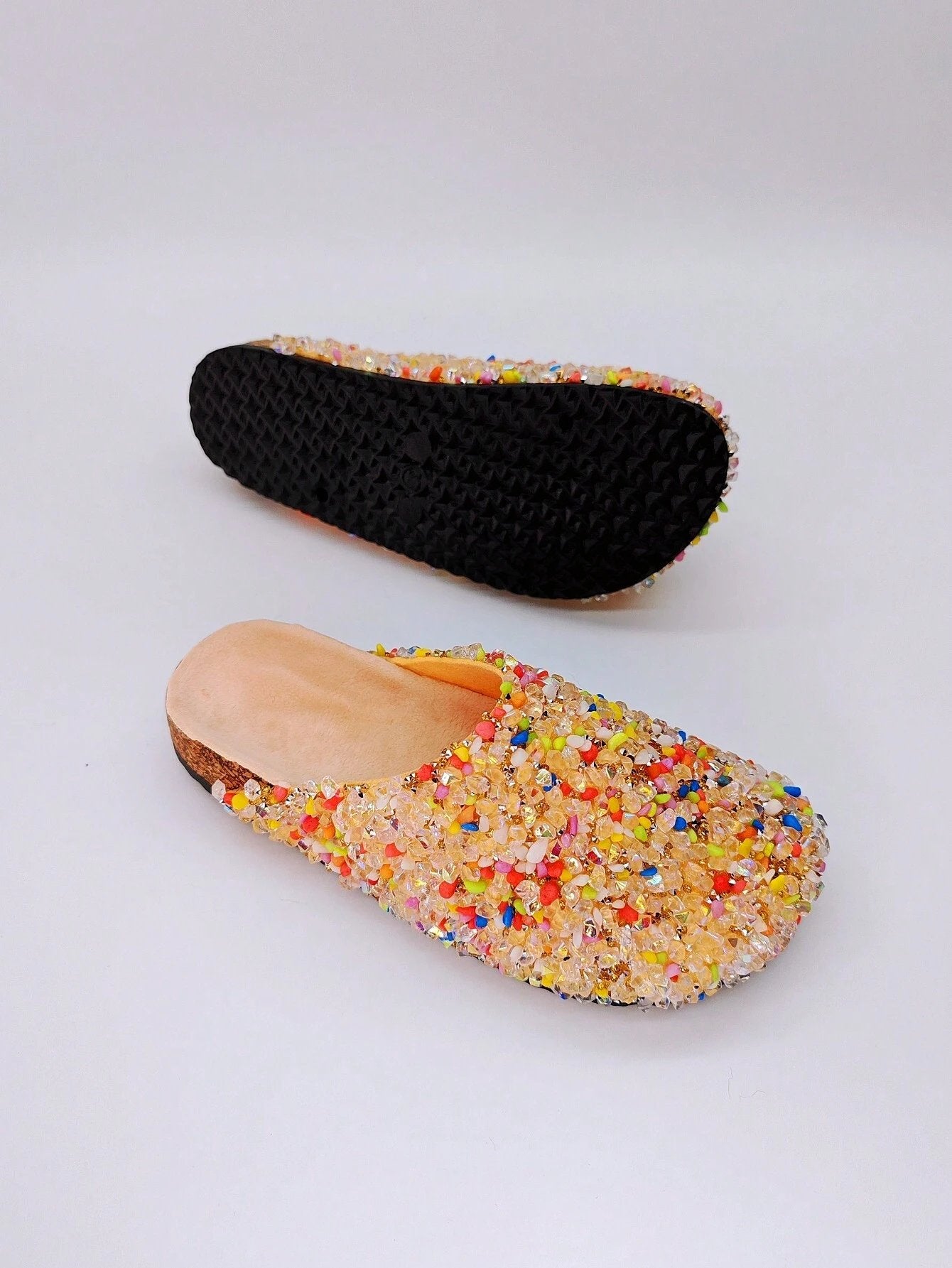 Women's Buckle Mules Slides With Rhinestone And Glitter Detailing