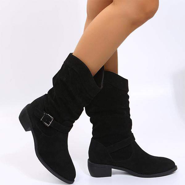 Women's Casual Belt Buckle Suede Chunky Heel Rider Boots